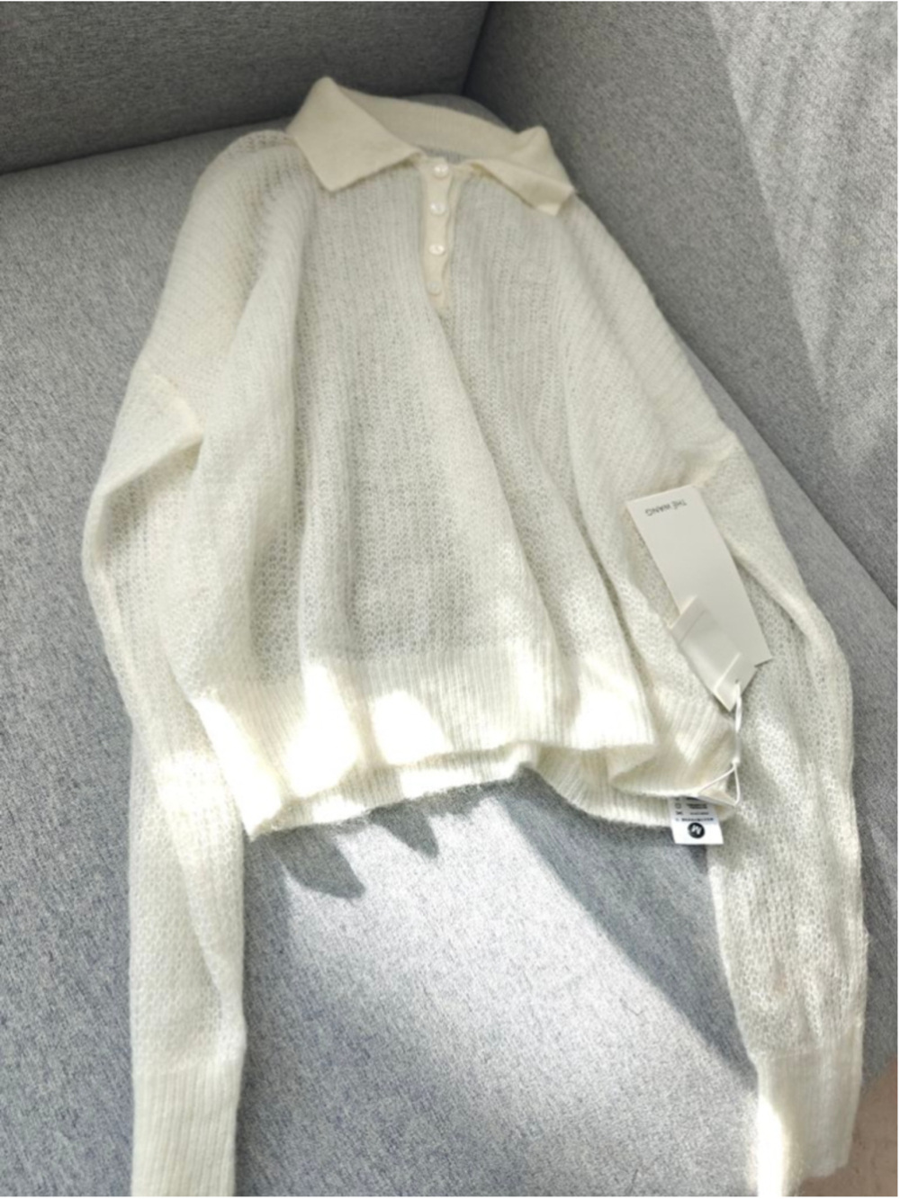 Women's THE WANG White Sheer Knit Collared Sweater
